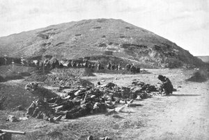 Russian soldiers collecting cartridges from the dead before burial, Russo-Japanese War