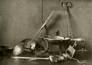 Sadiron, tongs, skimmer, fork, trivets and copper chopping-dish, c18th century by Unbekannt