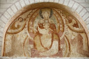 Saint-Savin abbey tympanum: Virgin and child, Saint-Savin-sur-Gartempe, France