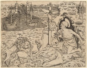 Saint Jerome in Penitence, with Two Ships in a Harbor by Unbekannt