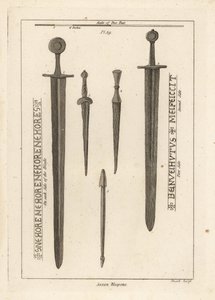 Saxon weapons: ancient iron sword and dirks and daggers found in the River Wytham, Lincolnshire, and a crossbow bolt found in the camp at Danbury, Essex by Unbekannt