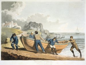 Seamen hauling a clinker-built dinghy up onto the shore by Unbekannt