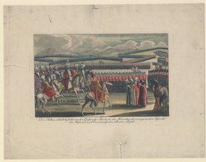 Selim III, Sultan of the Turks, welcomed to his new infantry review in countryside