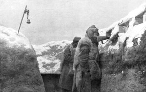 Sentries in a trench looking out over no-mans-land, Pas-de-Calais, France, winter