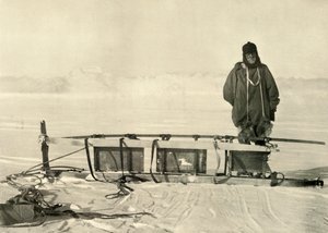 Shackleton standing by the Broken Southern Sledge