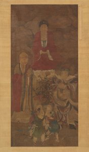 Shakyamuni with luohan, heavenly king, and boys, early 17th century