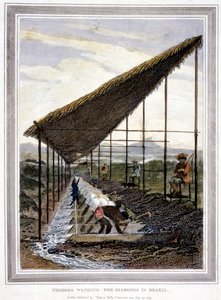 Slaves washing for diamonds watched over by supervisors with whips, Brazil, 1815 by Unbekannt