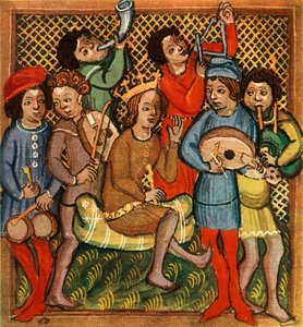 Small Drums, Fiddle, Horn, Triangle Lute and Bagpipes, Olomouc Bible
