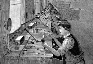Soldering Bicycle Parts in an American Factory, c1900 by Unbekannt
