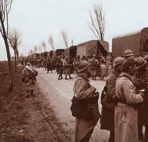 Soldiers and column of trucks on the Voie Sacrée, Verdun, northern France