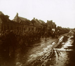 Soldiers Marching Past Bombed-Out Houses, Champagne, Northern France