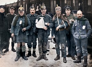 Some Cheerful Wounded from the Neuve Chapelle Fighting, Wearing Captured German Helmets, 1915 by Unbekannt