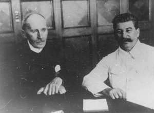 Soviet leader Josef Stalin with French writer Romain Rolland, Moscow, USSR, 28 June 1935