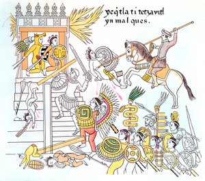 Spanish Conquistadors with Their Native Tlazcalan Allies Attacking an Aztec Temple by Unbekannt
