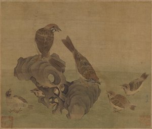 Sparrows feeding their young, Ming or Qing dynasty, 17th century