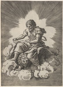 St. Mark, Seated with an Unfurled Scroll in His Hands, a Winged Lion