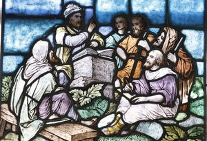 Stained Glass: Abraham Studying the Torah with the People of Israel, Budapest, Hungary by Unbekannt