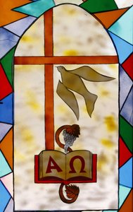 Stained glass: Christian symbols, Togoville, Togo by Unbekannt