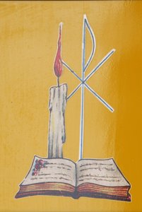 Stained Glass Window. Altar Candle and Bible, Aneho, Togo by Unbekannt