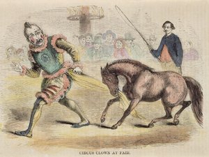 Street clown and steamer. Picture from the first booklet of the 19th century