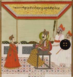 Surat Singh Sits on a Lion-Armed Throne and Receives His Young Son, c1800 by Unbekannt