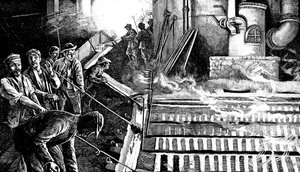 Tapping a blast furnace and casting iron into pigs