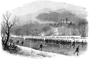 The First Lincolnshire Rifle Volunteers Marching Down the River Witham on Skates, 1861