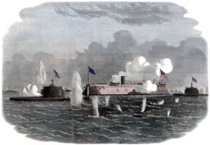 The Iron-Clad Frigate, New Ironsides, and Two Ericsson Batteries Going into Action at Charleston by Unbekannt
