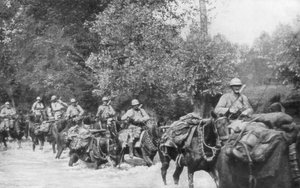 The re-supply of a machine gun unit by horseback, Aisne, France