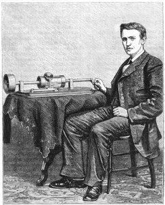 Thomas Alva Edison with an Early Hand-Driven Model of His Phonograph
