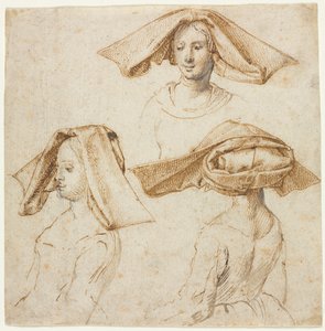 Three Studies of a Woman Wearing an Elaborate Headdress, c. 1500 by Unbekannt