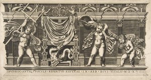 Three Cupids in Front of a Facade with Pilasters by Unbekannt