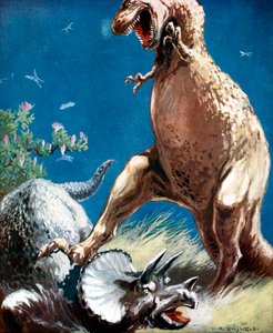 Triceratops, a Horned Dinosaur, Held Down by a Tyrannosaur, c1920