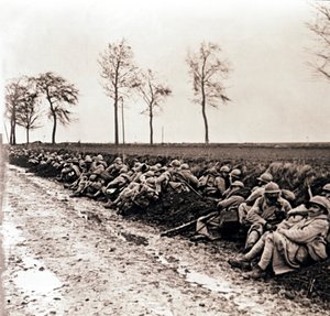 Troops Resting by the Side of a Road, Northern France, c1914-c1918