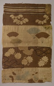 Tsujigahana Textile with Horizontal Stripes, Flowering Plants, Fans, Snowflakes