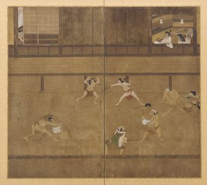 Two-panel screen depicting wrestlers by Unbekannt