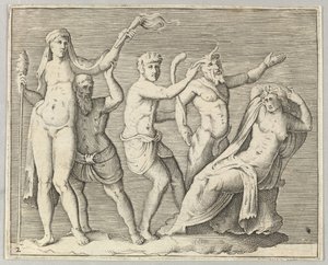 Two Figures, a Faun, and a Satyr Approach a Reclining Woman by Unbekannt