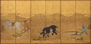 Two farmers ploughing and harrowing a rice field by Unbekannt
