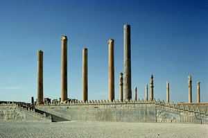 View of the Apadana (audience hall) columns and East staircase, Achaemenian period, 5th century BC