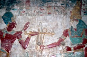Wallpainting (detail) of Sethos I before Horus, Temple of Sethos I, Abydos, Egypt