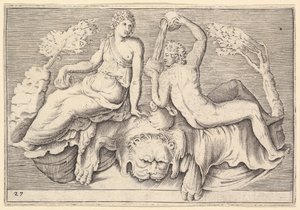 Woman and Man Seated on Lionskin, Man Pouring Wine by Unbekannt