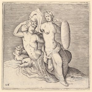 Woman with Shield Seated on Seamonster, published ca. 1599-1622 by Unbekannt
