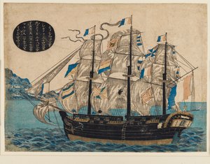 Woodblock print - Dutch sailing boat, with flag of VOC by Unbekannt