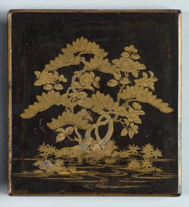Writing Box Suzuribako with Design of Pine, Camellia and Bamboo Lid