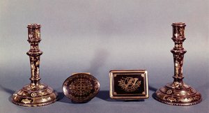 Pair of Louis XVI Candlesticks Inlaid with Gold and Mother-of-Pearl with Two English 18th Century Pique Point Boxes by Unbekannt Unbekannt