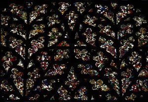 Abstract patterns of fragments of 13th century stained glass in the Bishops eye window, the South rose