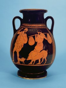 Attic red-figured pelike: pigs, swineherd and Odysseus, by the Pig Painter, 470-60 BC