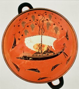 Black-figure kylix, inside view showing Dionysus in a boat with a vine, 6th century BC