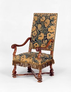 George II needlework covered sofa, c.1745. Serpentine back, curved arms covered in needlework with carved cabriole legs
