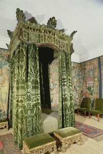 Interior of Hardwick Hall, Derbyshire, showing the Green Bed-Chamber with original 16th century furniture and hangings